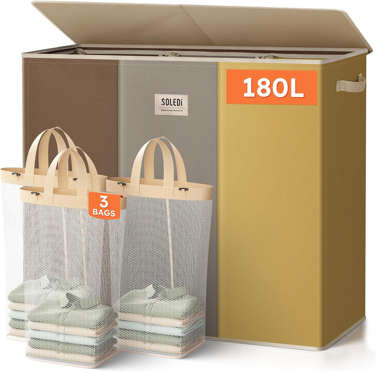 Laundry Hamper 3 section with lid and 3 Pcs Bag, Large Hamper 3 compartment 180L, Laundry Basket Laundry sorter Clothes hamper for Laundryroom Bedroom Blanket Storage Organizer