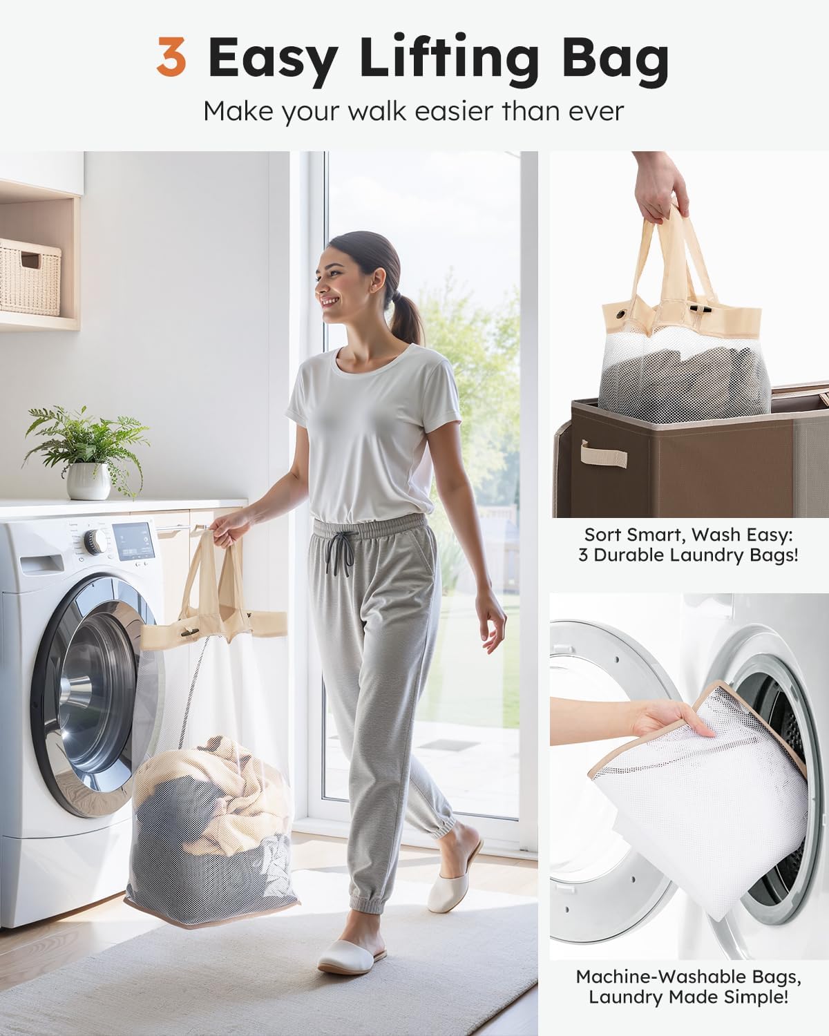 Laundry Hamper 3 section with lid and 3 Pcs Bag, Large Hamper 3 compartment 180L, Laundry Basket Laundry sorter Clothes hamper for Laundryroom Bedroom Blanket Storage Organizer