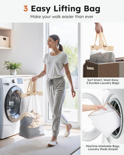 Laundry Hamper 3 section with lid and 3 Pcs Bag, Large Hamper 3 compartment 180L, Laundry Basket Laundry sorter Clothes hamper for Laundryroom Bedroom Blanket Storage Organizer