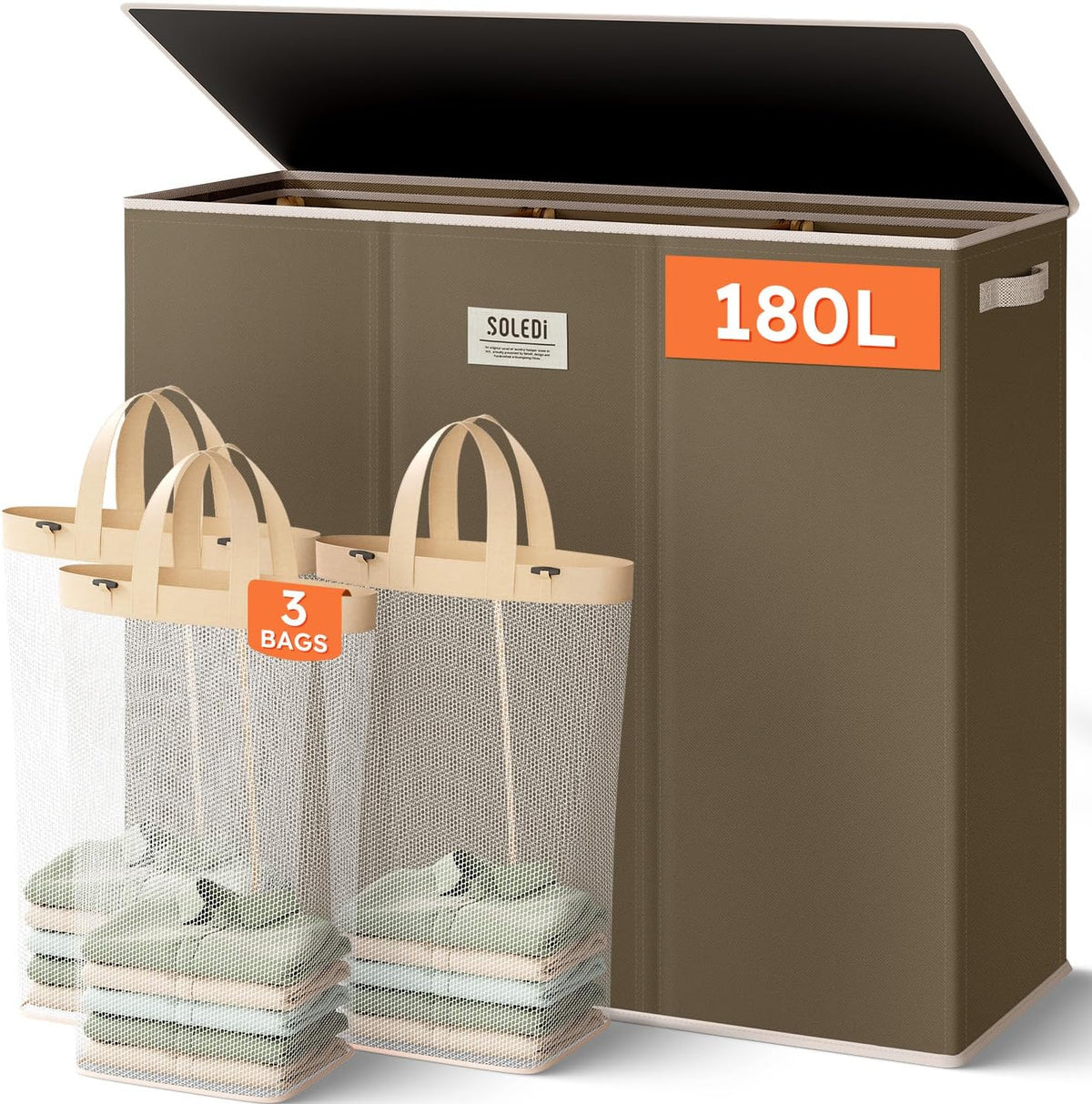 Laundry Hamper 3 section with lid and 3 Pcs Bag, Large Hamper 3 compartment 180L, Laundry Basket Laundry sorter Clothes hamper for Laundryroom Bedroom Blanket Storage Organizer