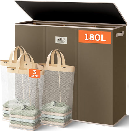 Laundry Hamper 3 section with lid and 3 Pcs Bag, Large Hamper 3 compartment 180L, Laundry Basket Laundry sorter Clothes hamper for Laundryroom Bedroom Blanket Storage Organizer