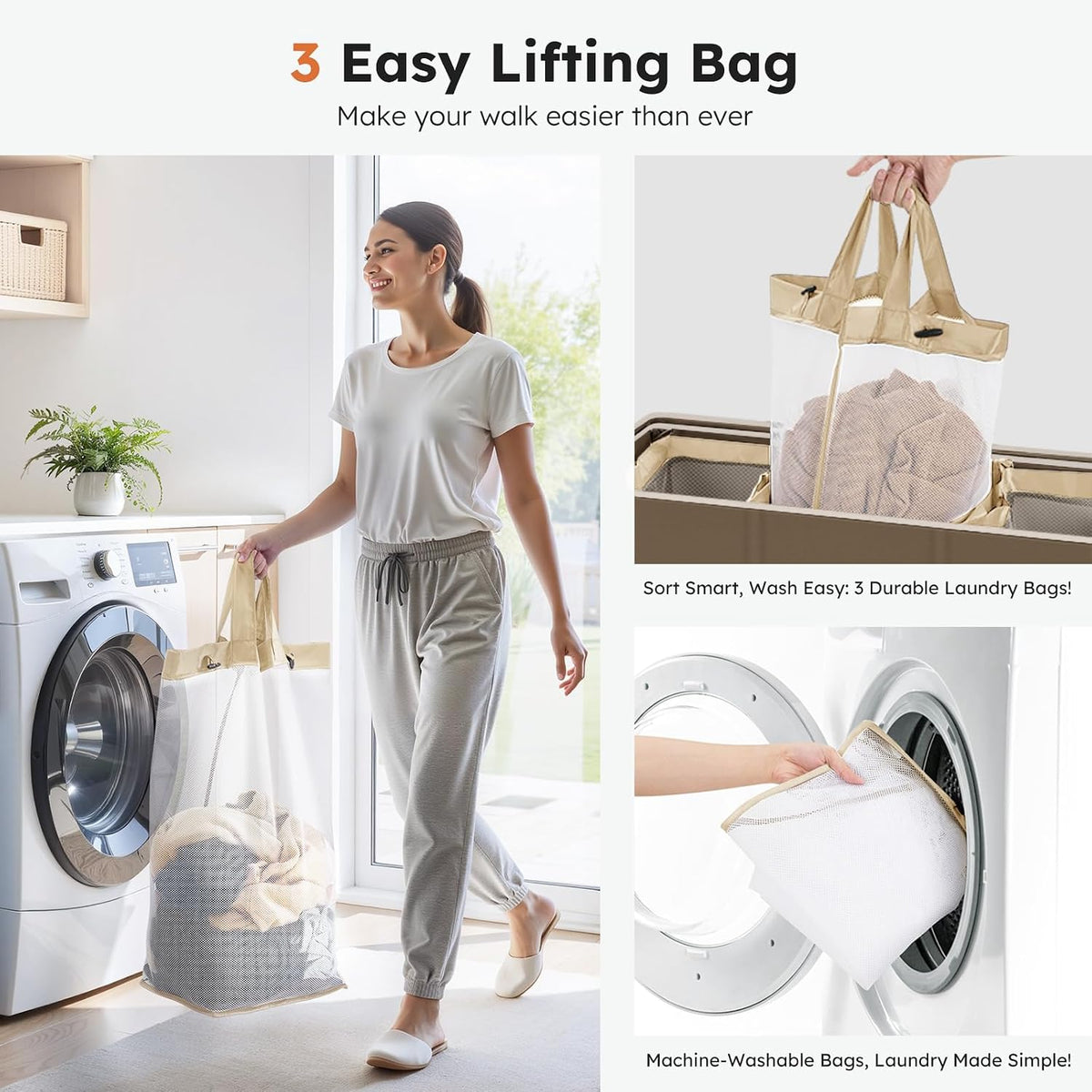 Laundry Hamper 3 section with lid and 3 Pcs Bag, Large Hamper 3 compartment 180L, Laundry Basket Laundry sorter Clothes hamper for Laundryroom Bedroom Blanket Storage Organizer