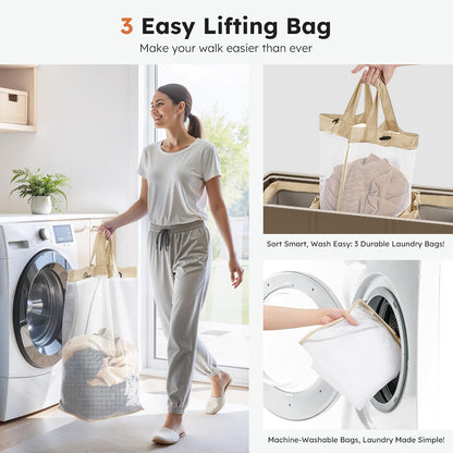 Laundry Hamper 3 section with lid and 3 Pcs Bag, Large Hamper 3 compartment 180L, Laundry Basket Laundry sorter Clothes hamper for Laundryroom Bedroom Blanket Storage Organizer