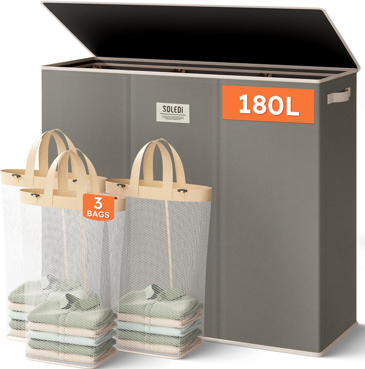 Laundry Hamper 3 section with lid and 3 Pcs Bag, Large Hamper 3 compartment 180L, Laundry Basket Laundry sorter Clothes hamper for Laundryroom Bedroom Blanket Storage Organizer