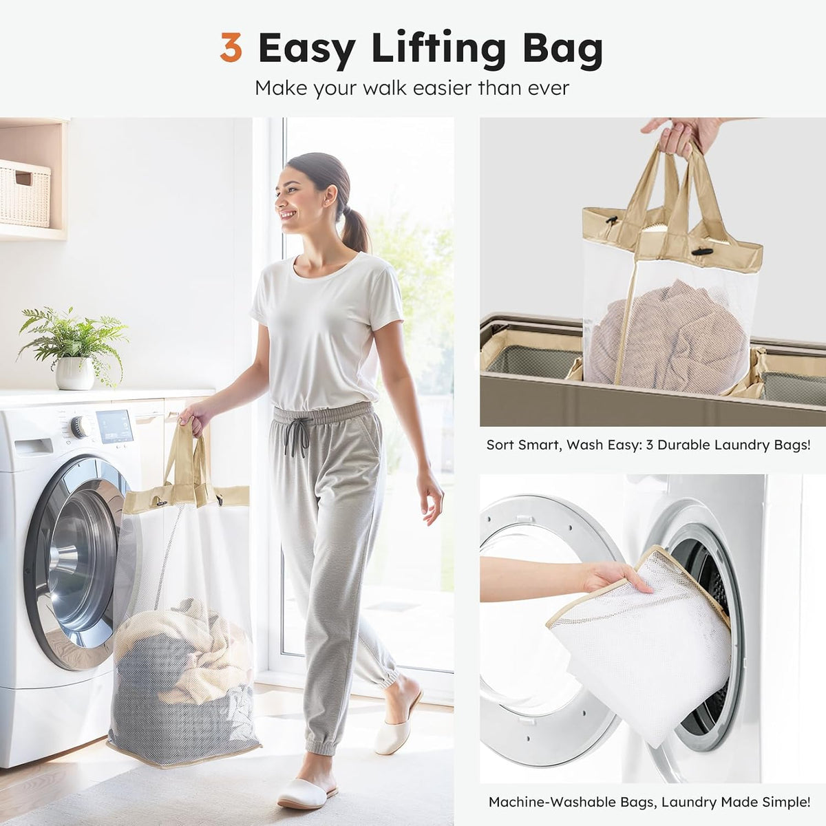 Laundry Hamper 3 section with lid and 3 Pcs Bag, Large Hamper 3 compartment 180L, Laundry Basket Laundry sorter Clothes hamper for Laundryroom Bedroom Blanket Storage Organizer