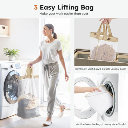 Laundry Hamper 3 section with lid and 3 Pcs Bag, Large Hamper 3 compartment 180L, Laundry Basket Laundry sorter Clothes hamper for Laundryroom Bedroom Blanket Storage Organizer