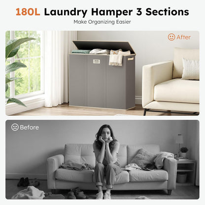 Laundry Hamper 3 section with lid and 3 Pcs Bag, Large Hamper 3 compartment 180L, Laundry Basket Laundry sorter Clothes hamper for Laundryroom Bedroom Blanket Storage Organizer