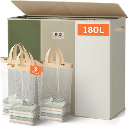 Laundry Hamper 3 section with lid and 3 Pcs Bag, Large Hamper 3 compartment 180L, Laundry Basket Laundry sorter Clothes hamper for Laundryroom Bedroom Blanket Storage Organizer
