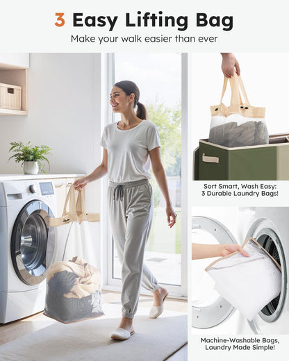 Laundry Hamper 3 section with lid and 3 Pcs Bag, Large Hamper 3 compartment 180L, Laundry Basket Laundry sorter Clothes hamper for Laundryroom Bedroom Blanket Storage Organizer