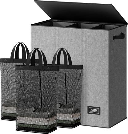 Laundry Hamper 3 section with lid and 3 Pcs Bag, Large Hamper 3 compartment 180L, Laundry Basket Laundry sorter Clothes hamper for Laundryroom Bedroom Blanket Storage Organizer