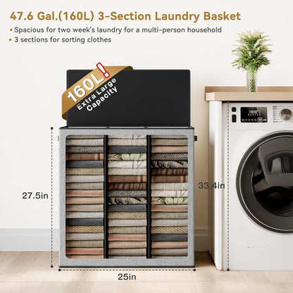 Laundry Hamper 3 section with lid and 3 Pcs Bag, Large Hamper 3 compartment 180L, Laundry Basket Laundry sorter Clothes hamper for Laundryroom Bedroom Blanket Storage Organizer