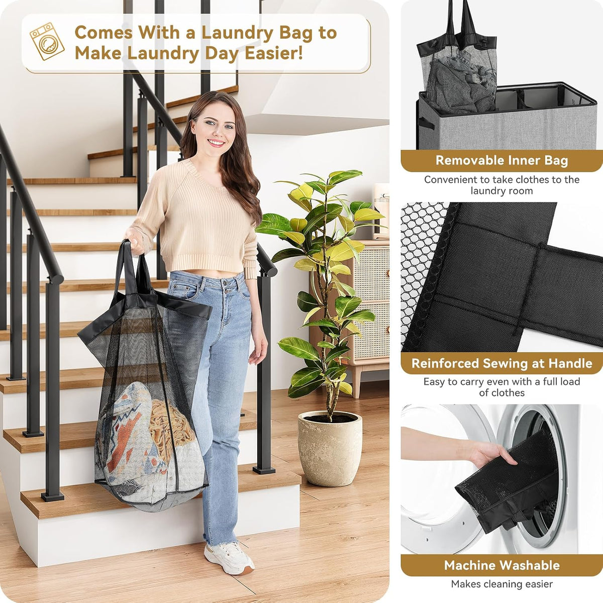 Laundry Hamper 3 section with lid and 3 Pcs Bag, Large Hamper 3 compartment 180L, Laundry Basket Laundry sorter Clothes hamper for Laundryroom Bedroom Blanket Storage Organizer