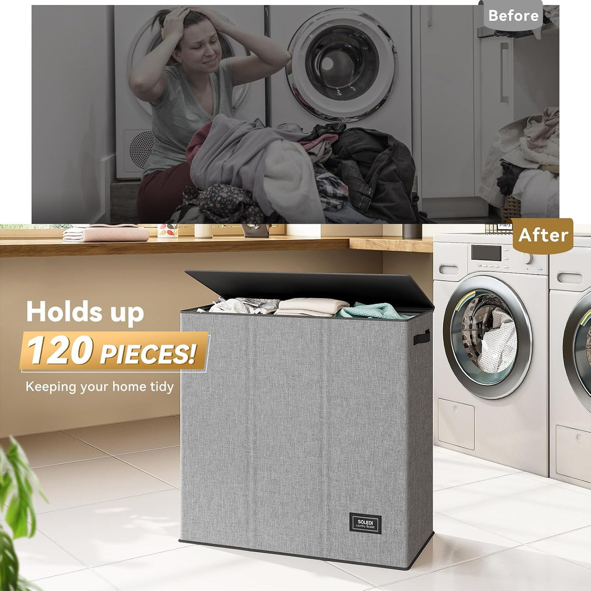 Laundry Hamper 3 section with lid and 3 Pcs Bag, Large Hamper 3 compartment 180L, Laundry Basket Laundry sorter Clothes hamper for Laundryroom Bedroom Blanket Storage Organizer