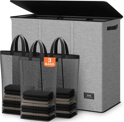Laundry Hamper 3 section with lid and 3 Pcs Bag, Large Hamper 3 compartment 180L, Laundry Basket Laundry sorter Clothes hamper for Laundryroom Bedroom Blanket Storage Organizer