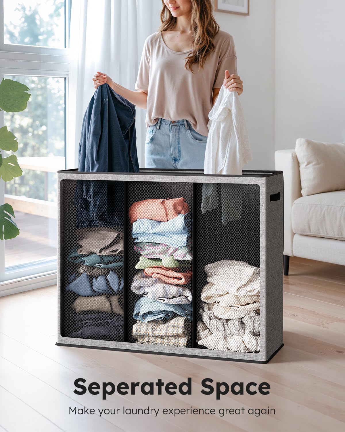 Laundry Hamper 3 section with lid and 3 Pcs Bag, Large Hamper 3 compartment 180L, Laundry Basket Laundry sorter Clothes hamper for Laundryroom Bedroom Blanket Storage Organizer