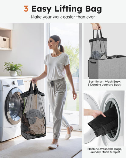 Laundry Hamper 3 section with lid and 3 Pcs Bag, Large Hamper 3 compartment 180L, Laundry Basket Laundry sorter Clothes hamper for Laundryroom Bedroom Blanket Storage Organizer