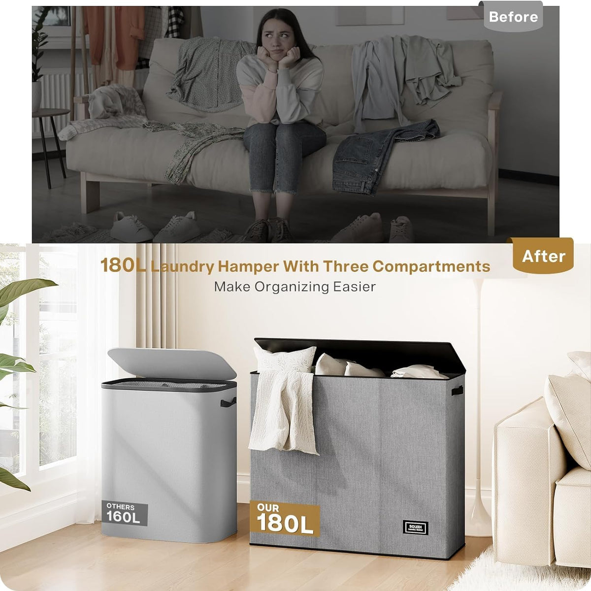 Laundry Hamper 3 section with lid and 3 Pcs Bag, Large Hamper 3 compartment 180L, Laundry Basket Laundry sorter Clothes hamper for Laundryroom Bedroom Blanket Storage Organizer