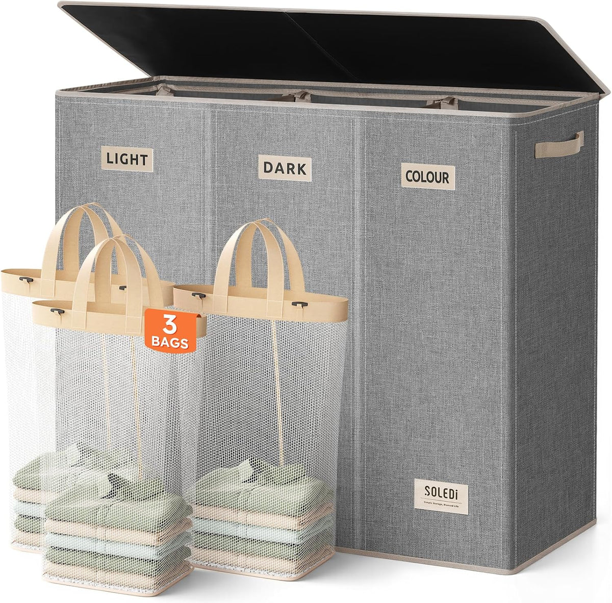 Laundry Hamper 3 section with lid and 3 Pcs Bag, Large Hamper 3 compartment 180L, Laundry Basket Laundry sorter Clothes hamper for Laundryroom Bedroom Blanket Storage Organizer