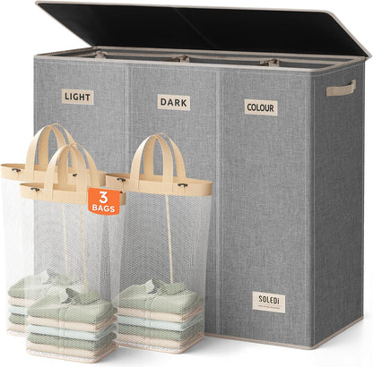 Laundry Hamper 3 section with lid and 3 Pcs Bag, Large Hamper 3 compartment 180L, Laundry Basket Laundry sorter Clothes hamper for Laundryroom Bedroom Blanket Storage Organizer