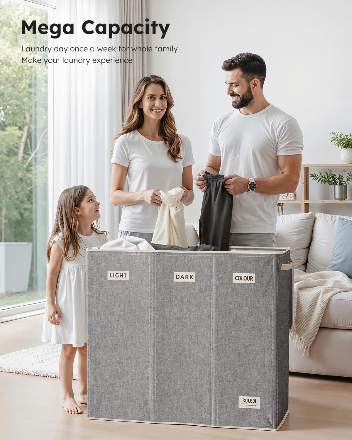 Laundry Hamper 3 section with lid and 3 Pcs Bag, Large Hamper 3 compartment 180L, Laundry Basket Laundry sorter Clothes hamper for Laundryroom Bedroom Blanket Storage Organizer