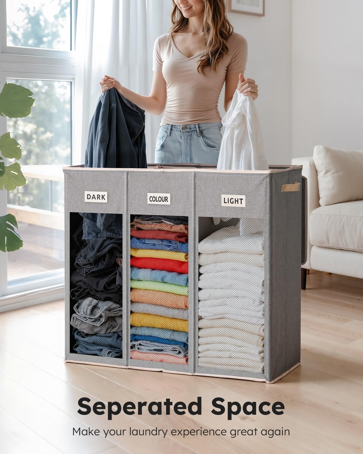 Laundry Hamper 3 section with lid and 3 Pcs Bag, Large Hamper 3 compartment 180L, Laundry Basket Laundry sorter Clothes hamper for Laundryroom Bedroom Blanket Storage Organizer