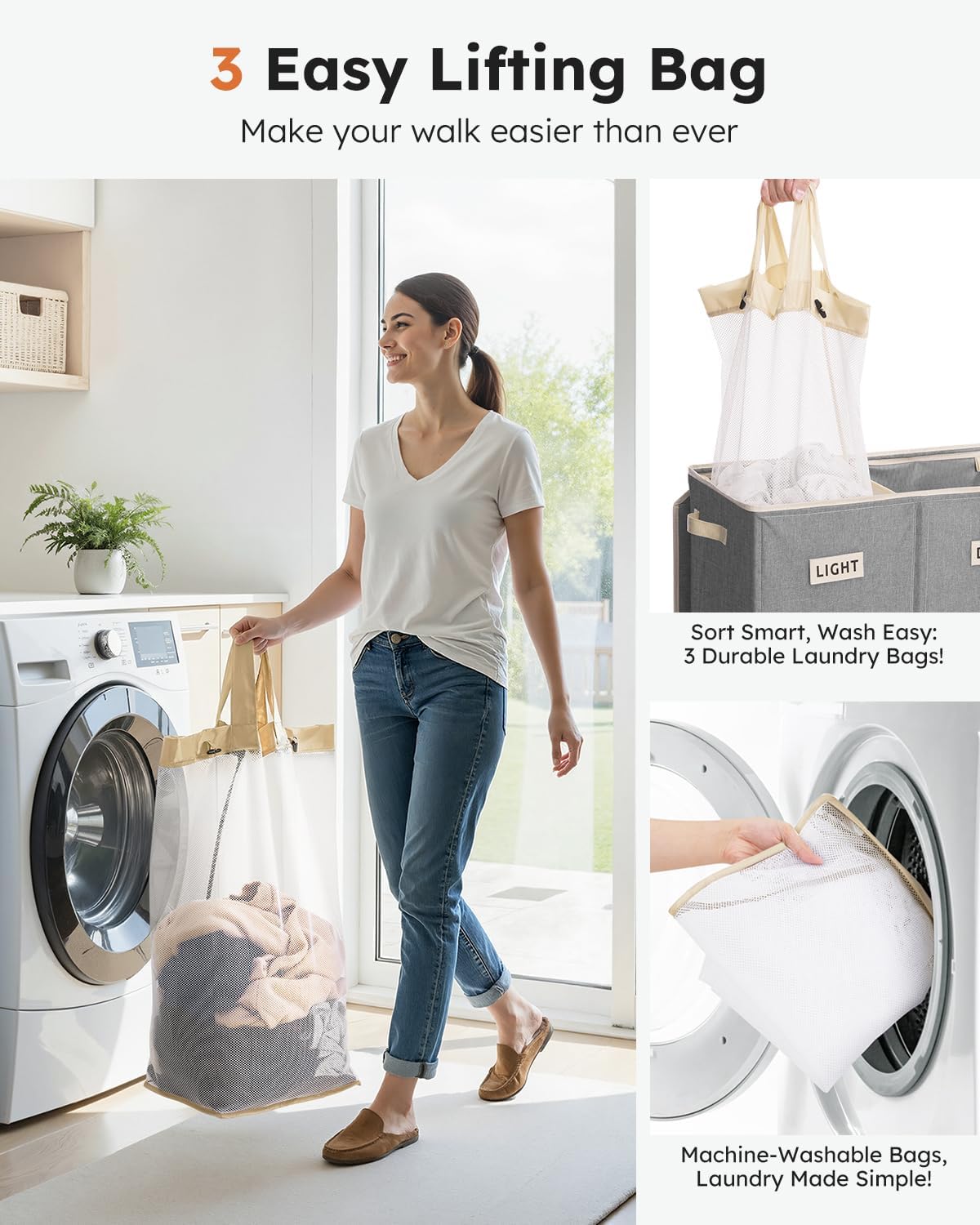 Laundry Hamper 3 section with lid and 3 Pcs Bag, Large Hamper 3 compartment 180L, Laundry Basket Laundry sorter Clothes hamper for Laundryroom Bedroom Blanket Storage Organizer