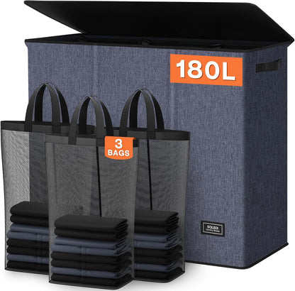 Laundry Hamper 3 section with lid and 3 Pcs Bag, Large Hamper 3 compartment 180L, Laundry Basket Laundry sorter Clothes hamper for Laundryroom Bedroom Blanket Storage Organizer