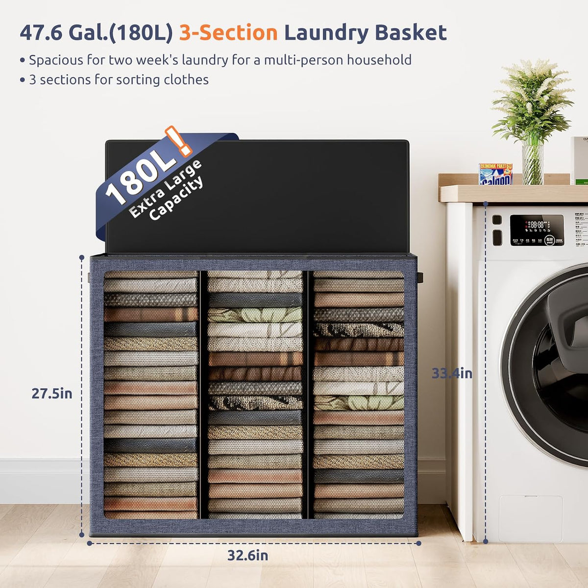 Laundry Hamper 3 section with lid and 3 Pcs Bag, Large Hamper 3 compartment 180L, Laundry Basket Laundry sorter Clothes hamper for Laundryroom Bedroom Blanket Storage Organizer