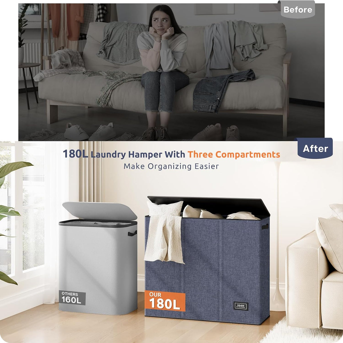 Laundry Hamper 3 section with lid and 3 Pcs Bag, Large Hamper 3 compartment 180L, Laundry Basket Laundry sorter Clothes hamper for Laundryroom Bedroom Blanket Storage Organizer
