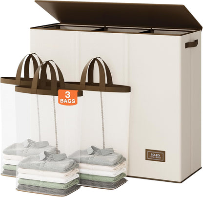 Laundry Hamper 3 section with lid and 3 Pcs Bag, Large Hamper 3 compartment 180L, Laundry Basket Laundry sorter Clothes hamper for Laundryroom Bedroom Blanket Storage Organizer
