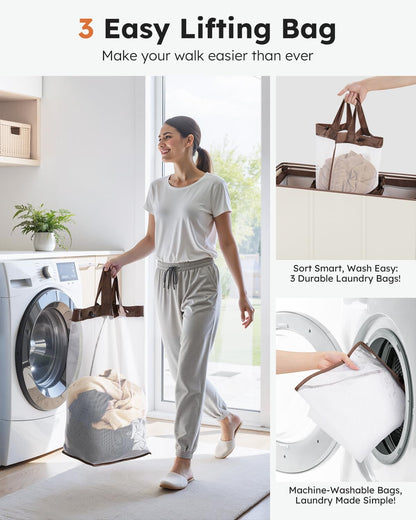 Laundry Hamper 3 section with lid and 3 Pcs Bag, Large Hamper 3 compartment 180L, Laundry Basket Laundry sorter Clothes hamper for Laundryroom Bedroom Blanket Storage Organizer