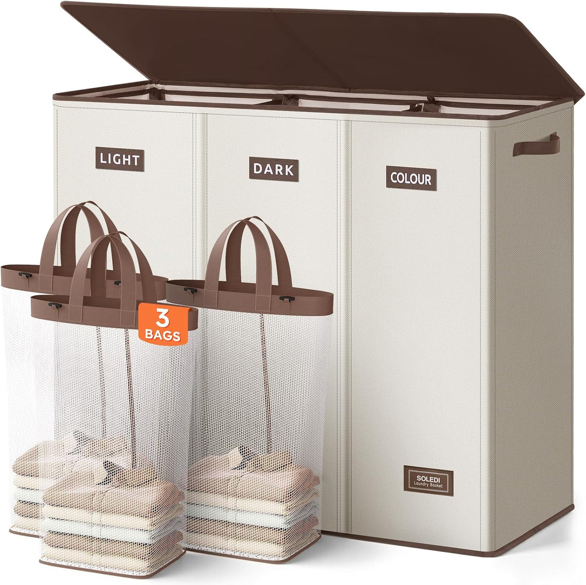 Laundry Hamper 3 section with lid and 3 Pcs Bag, Large Hamper 3 compartment 180L, Laundry Basket Laundry sorter Clothes hamper for Laundryroom Bedroom Blanket Storage Organizer