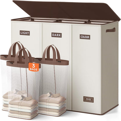 Laundry Hamper 3 section with lid and 3 Pcs Bag, Large Hamper 3 compartment 180L, Laundry Basket Laundry sorter Clothes hamper for Laundryroom Bedroom Blanket Storage Organizer