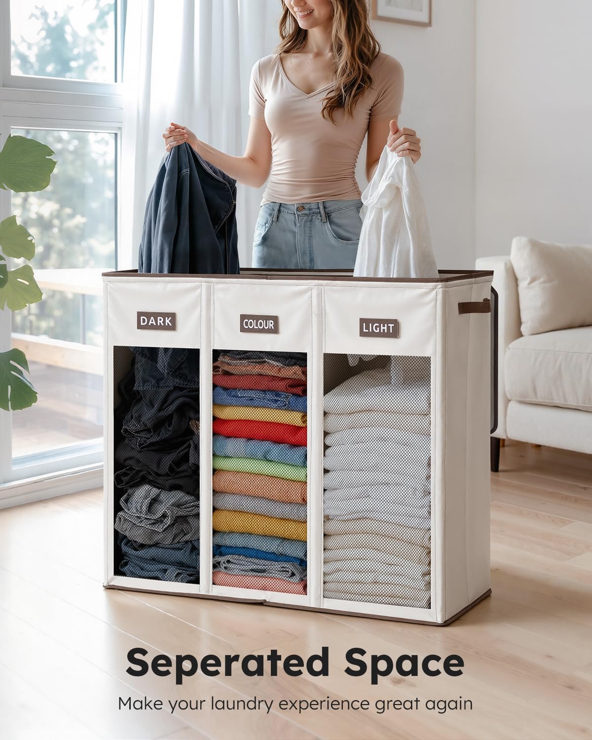 Laundry Hamper 3 section with lid and 3 Pcs Bag, Large Hamper 3 compartment 180L, Laundry Basket Laundry sorter Clothes hamper for Laundryroom Bedroom Blanket Storage Organizer