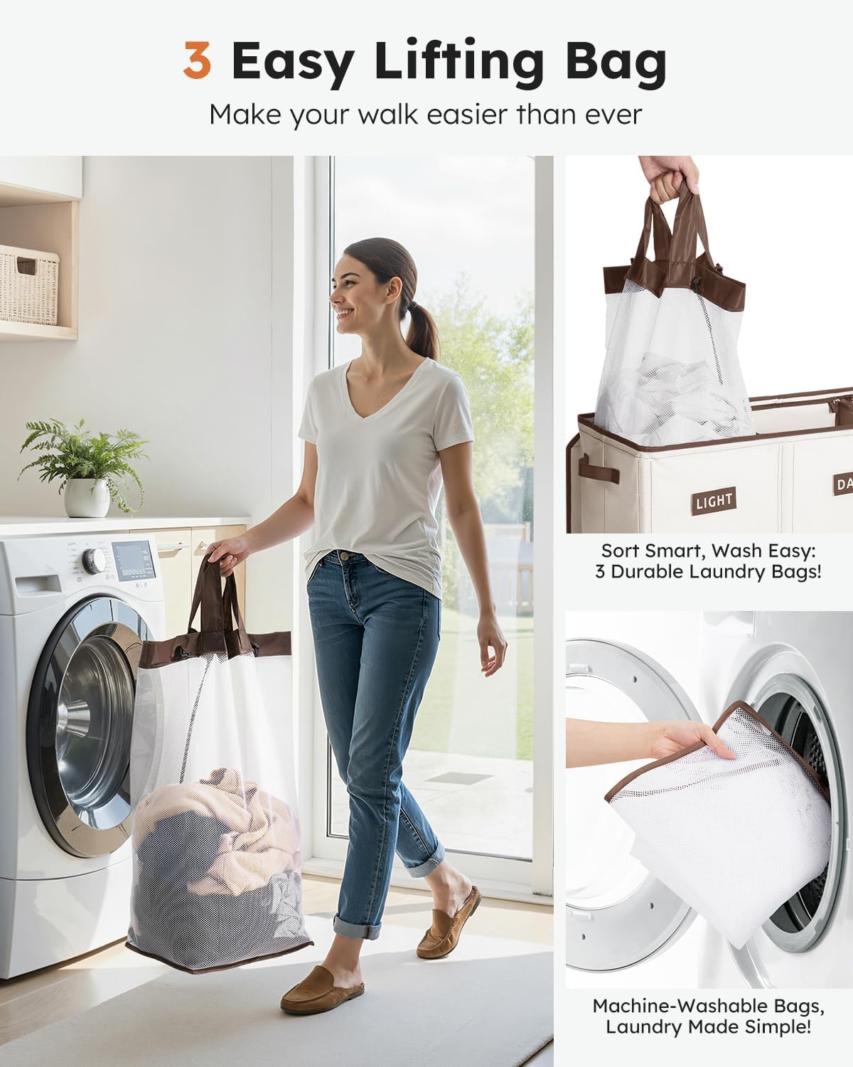 Laundry Hamper 3 section with lid and 3 Pcs Bag, Large Hamper 3 compartment 180L, Laundry Basket Laundry sorter Clothes hamper for Laundryroom Bedroom Blanket Storage Organizer