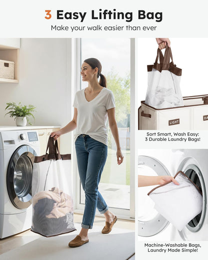 Laundry Hamper 3 section with lid and 3 Pcs Bag, Large Hamper 3 compartment 180L, Laundry Basket Laundry sorter Clothes hamper for Laundryroom Bedroom Blanket Storage Organizer
