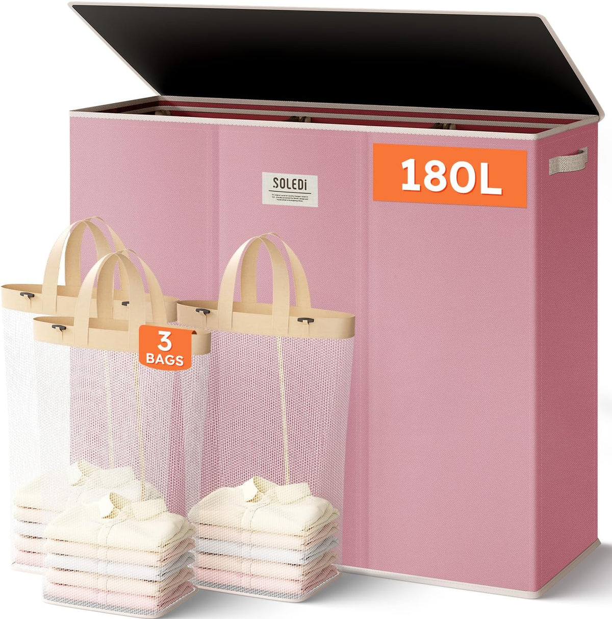 Laundry Hamper 3 section with lid and 3 Pcs Bag, Large Hamper 3 compartment 180L, Laundry Basket Laundry sorter Clothes hamper for Laundryroom Bedroom Blanket Storage Organizer