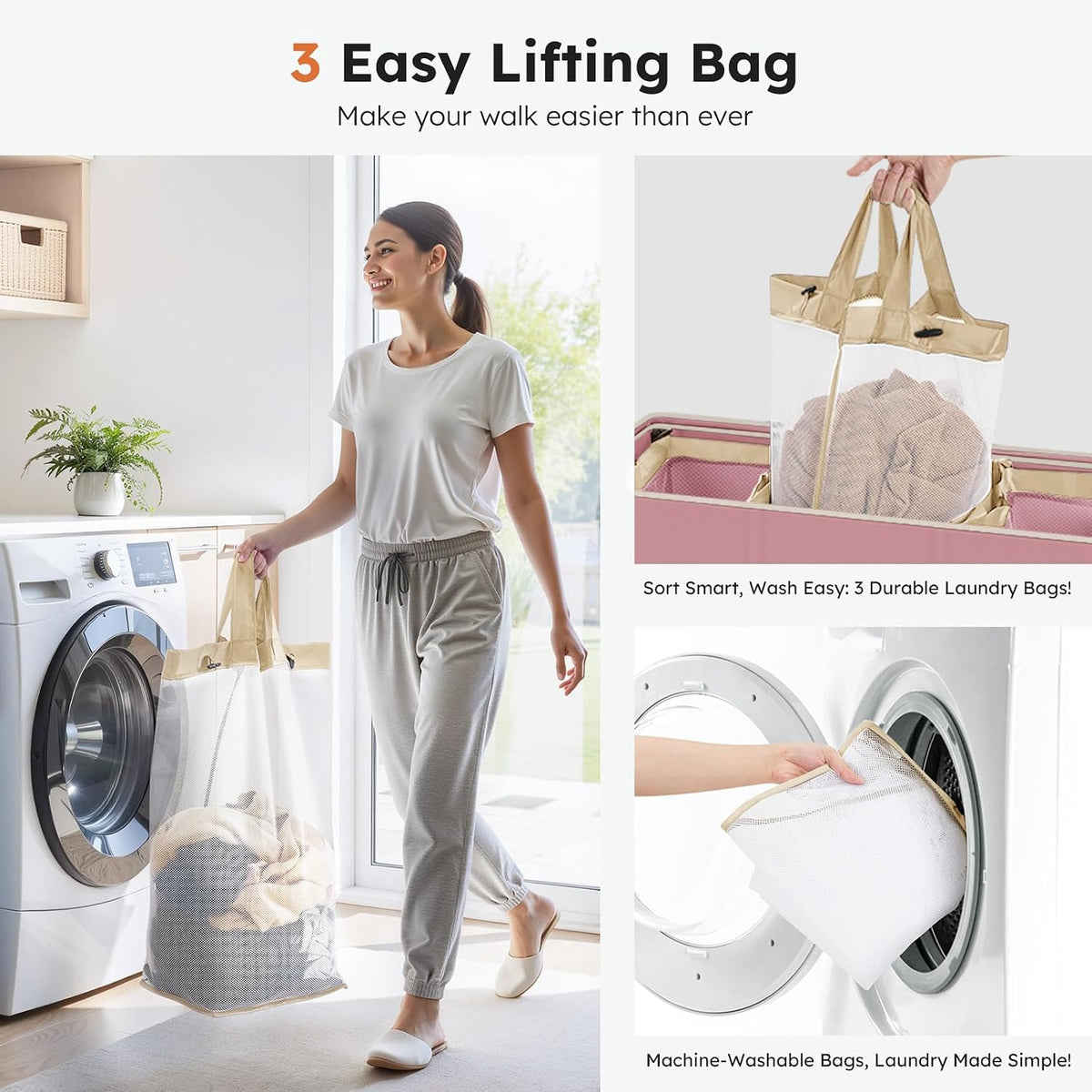 Laundry Hamper 3 section with lid and 3 Pcs Bag, Large Hamper 3 compartment 180L, Laundry Basket Laundry sorter Clothes hamper for Laundryroom Bedroom Blanket Storage Organizer