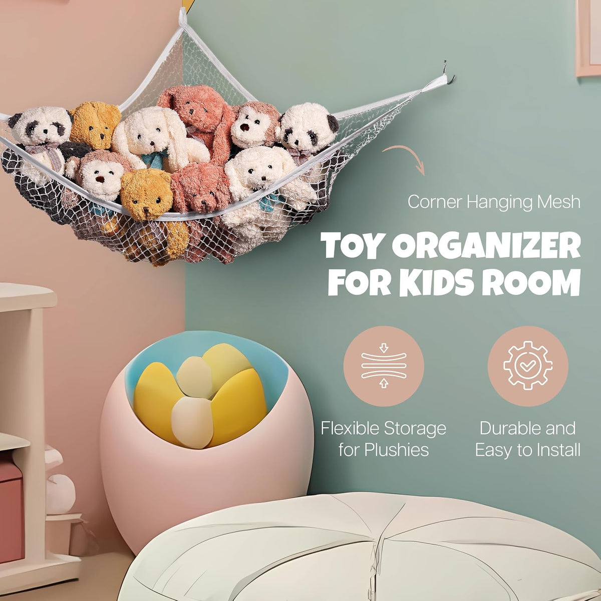 Stuffed Animal Hammock Corner Net 2-Pack – Stuffed Animal Net & Mesh Toy Organizer for Kids Room – Flexible Storage for Plush Toys, Teddy Bears & Cuddly Favorites – Durable, Easy Install