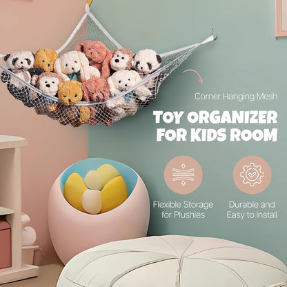 Stuffed Animal Hammock Corner Net 2-Pack – Stuffed Animal Net & Mesh Toy Organizer for Kids Room – Flexible Storage for Plush Toys, Teddy Bears & Cuddly Favorites – Durable, Easy Install