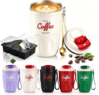 Coffee Vacuum Flask, 2026 New Portable Travel Insulated Coffee Mug with Lid & Handle, Spill & Leak Proof, Stainless Steel Insulated Water Bottle for Hot and Cold Drinks (Red, Standard)