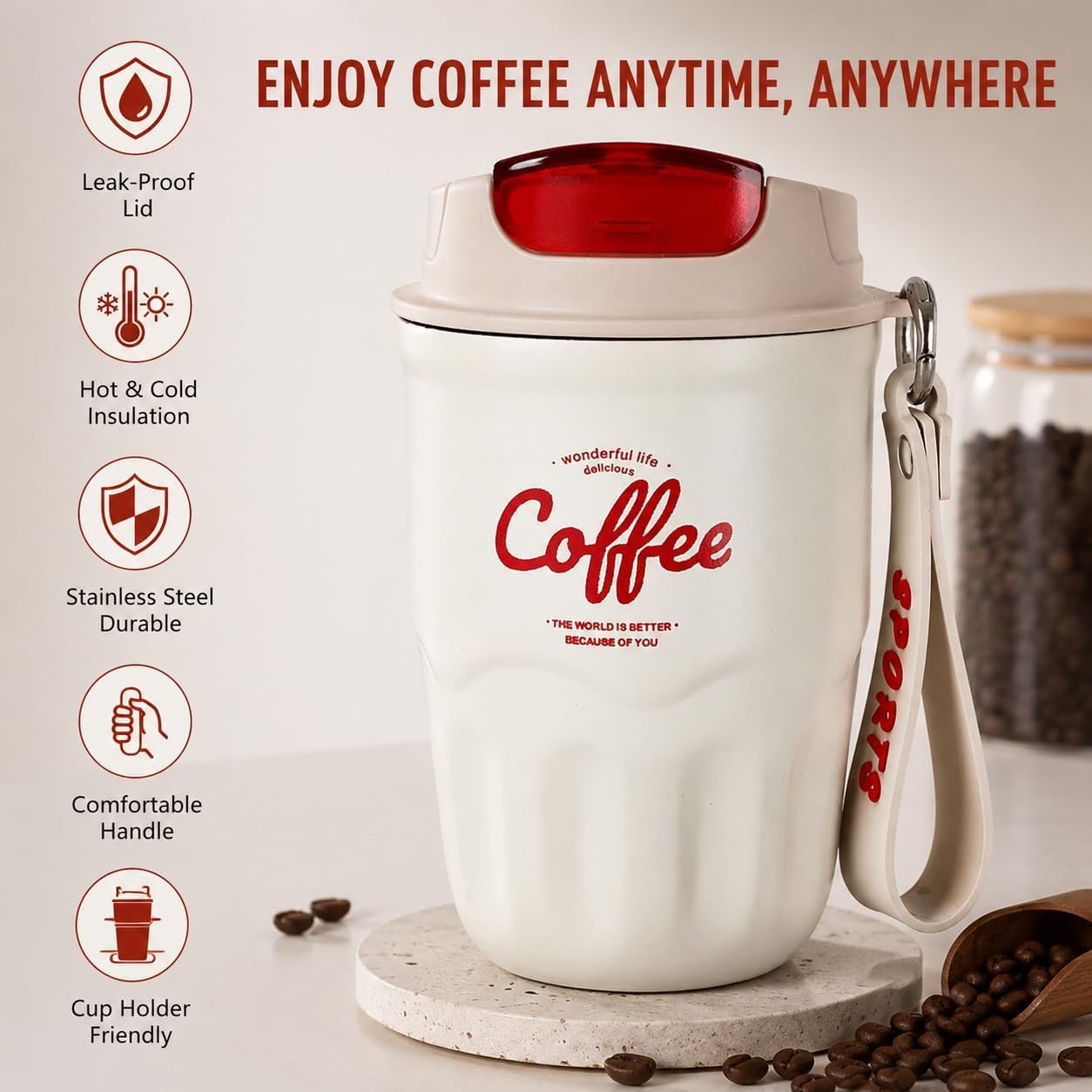 Coffee Vacuum Flask, 2026 New Portable Travel Insulated Coffee Mug with Lid & Handle, Spill & Leak Proof, Stainless Steel Insulated Water Bottle for Hot and Cold Drinks (Red, Standard)