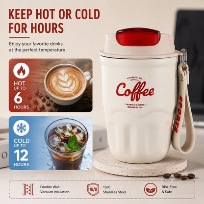 Coffee Vacuum Flask, 2026 New Portable Travel Insulated Coffee Mug with Lid & Handle, Spill & Leak Proof, Stainless Steel Insulated Water Bottle for Hot and Cold Drinks (Red, Standard)