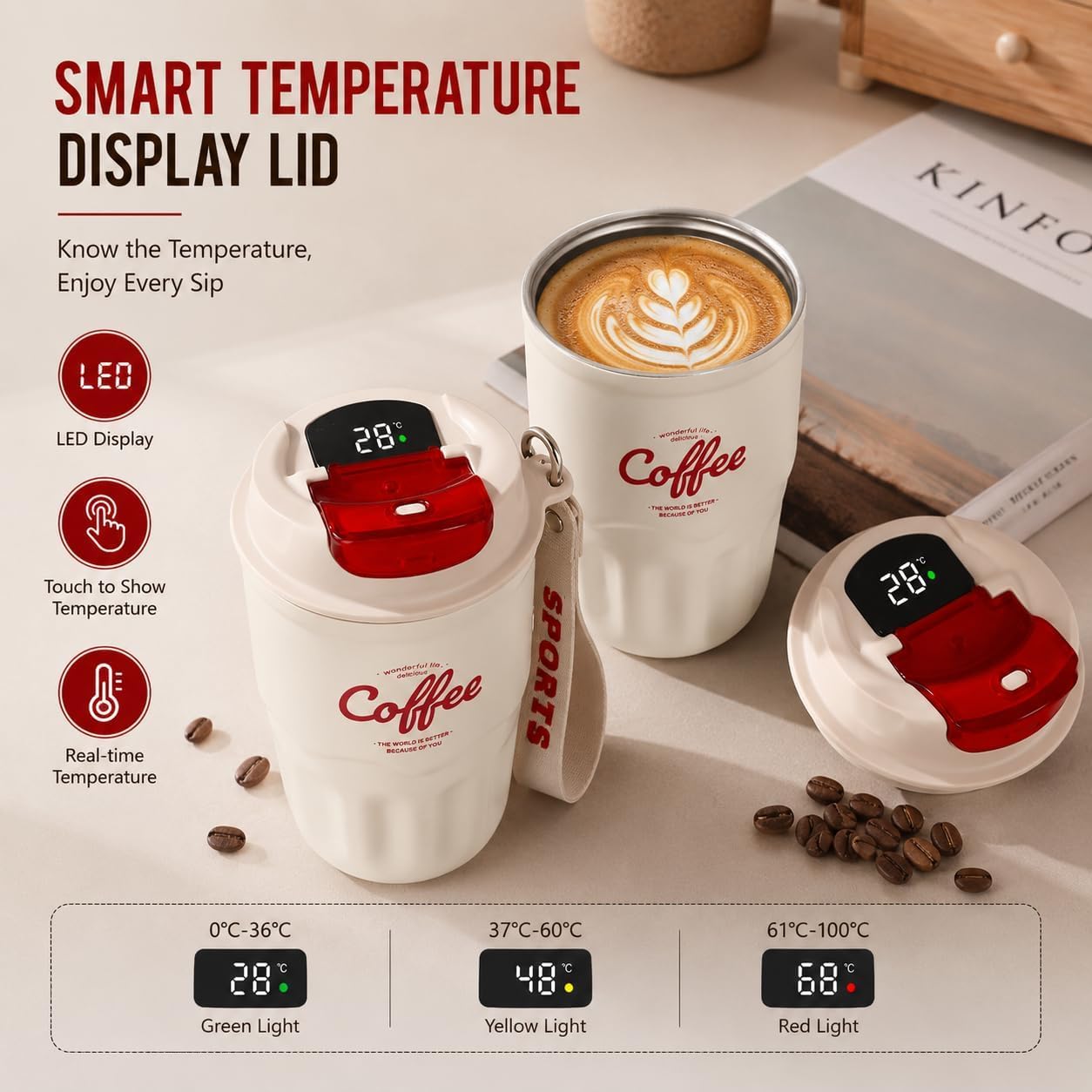 Coffee Vacuum Flask, 2026 New Portable Travel Insulated Coffee Mug with Lid & Handle, Spill & Leak Proof, Stainless Steel Insulated Water Bottle for Hot and Cold Drinks (Red, Standard)
