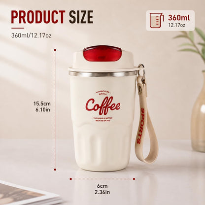 Coffee Vacuum Flask, 2026 New Portable Travel Insulated Coffee Mug with Lid & Handle, Spill & Leak Proof, Stainless Steel Insulated Water Bottle for Hot and Cold Drinks (Red, Standard)
