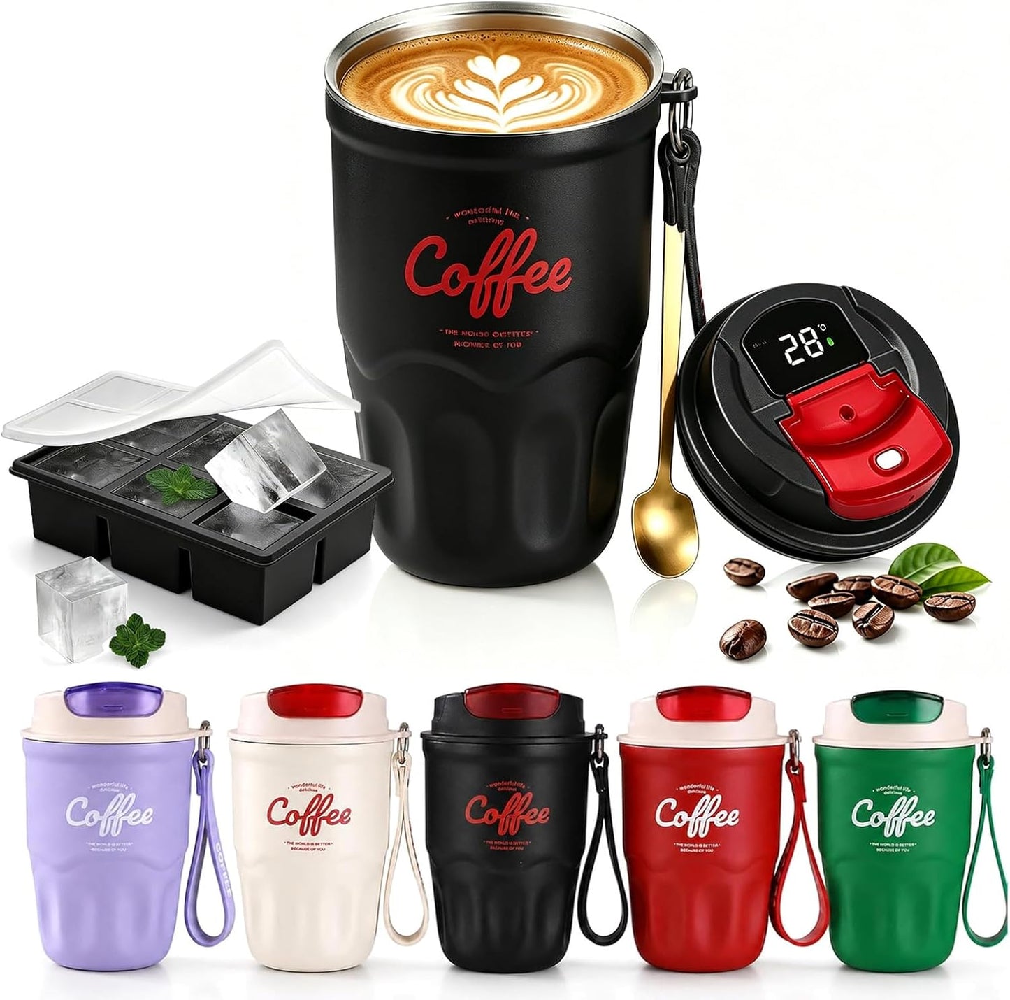 Coffee Vacuum Flask, 2026 New Portable Travel Insulated Coffee Mug with Lid & Handle, Spill & Leak Proof, Stainless Steel Insulated Water Bottle for Hot and Cold Drinks (Red, Standard)