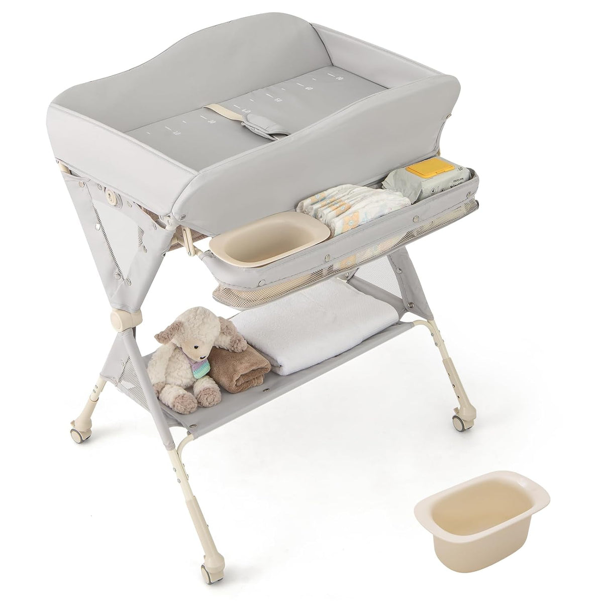 Portable Baby Changing Table, Foldable Diaper Changing Station w/Wheels, Adjustable Height, Large Storage Rack, Water Basin, Safety Belt, Mobile Nursery Organizer for Newborn Infant (Gray)