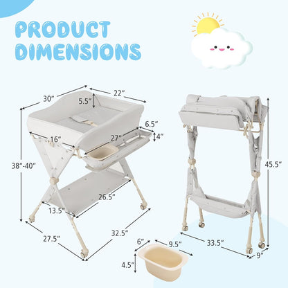 Portable Baby Changing Table, Foldable Diaper Changing Station w/Wheels, Adjustable Height, Large Storage Rack, Water Basin, Safety Belt, Mobile Nursery Organizer for Newborn Infant (Gray)