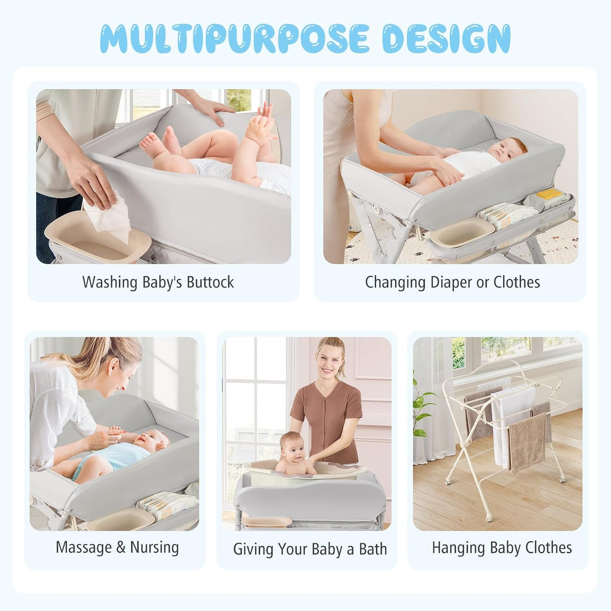 Portable Baby Changing Table, Foldable Diaper Changing Station w/Wheels, Adjustable Height, Large Storage Rack, Water Basin, Safety Belt, Mobile Nursery Organizer for Newborn Infant (Gray)