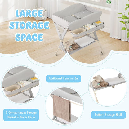 Portable Baby Changing Table, Foldable Diaper Changing Station w/Wheels, Adjustable Height, Large Storage Rack, Water Basin, Safety Belt, Mobile Nursery Organizer for Newborn Infant (Gray)